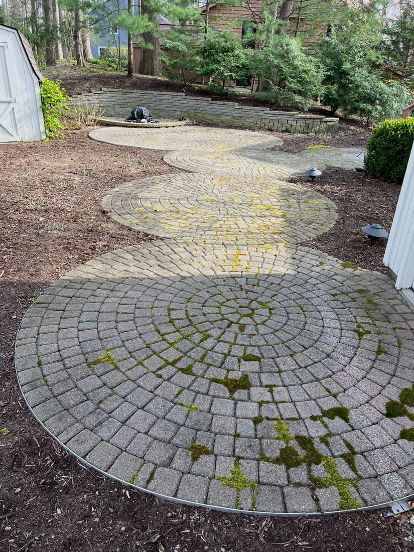 Paver walkway restoration before pressure washing